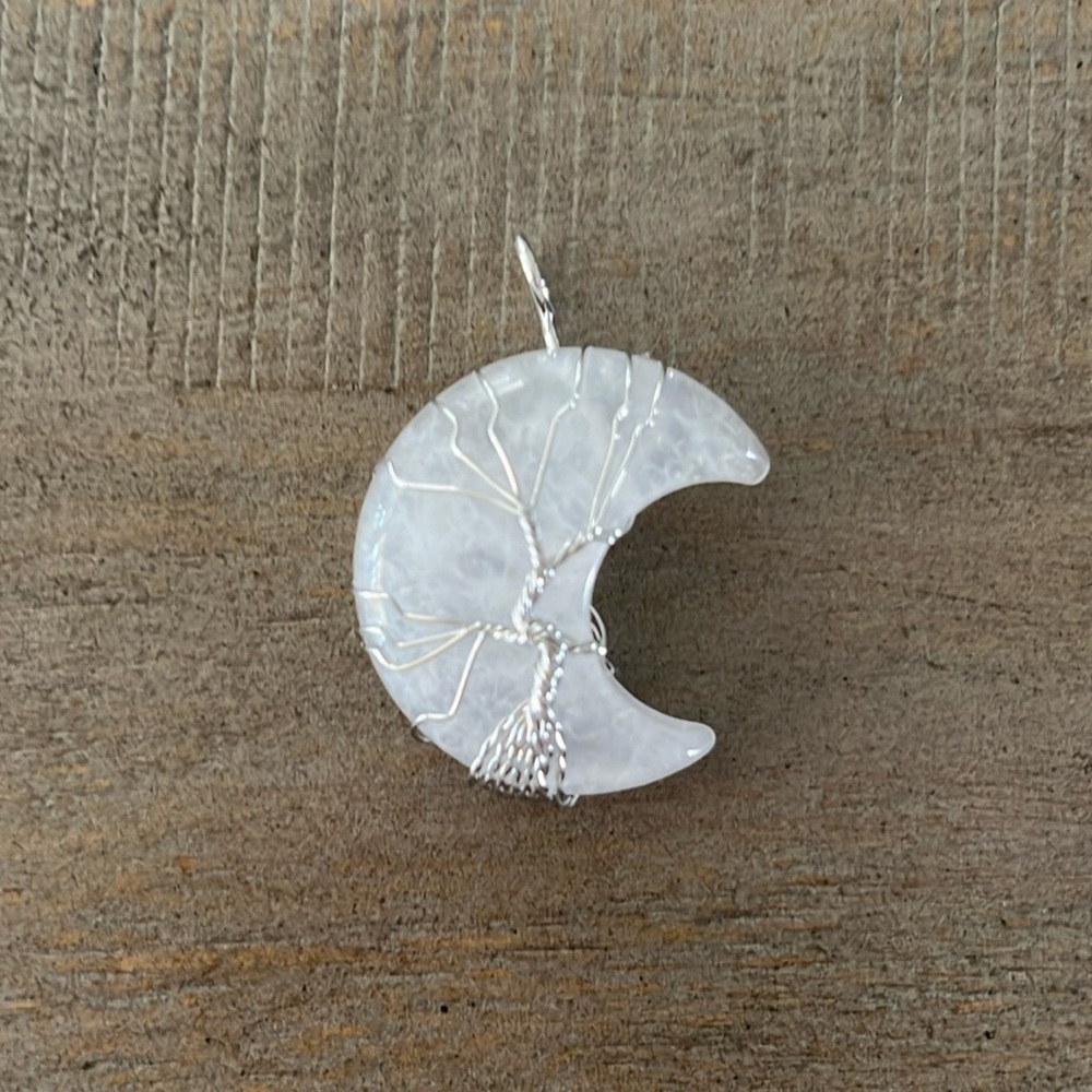 White Quartz Crescent Moon Tree of Life Wire Wrapped Pendant